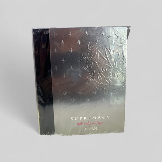 Silver packaging with embossed design and 'Afnan Supremacy' text on a gray background