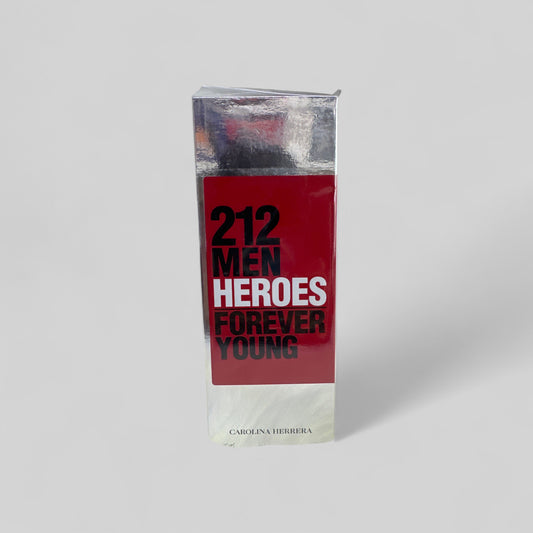 Perfume bottle labeled '212 Men Heroes Forever Young' by Carolina Herrera on a light gray background