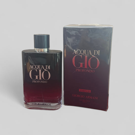 Perfume bottle and packaging of Acqua di Giò Profondo by Giorgio Armani on a light gray background