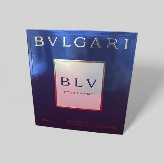 Bulgari BLV pour Homme perfume packaging on a gray background