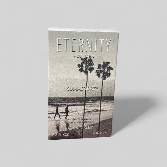 Calvin Klein Eternity for Men Summer Daze perfume packaging on a light gray background