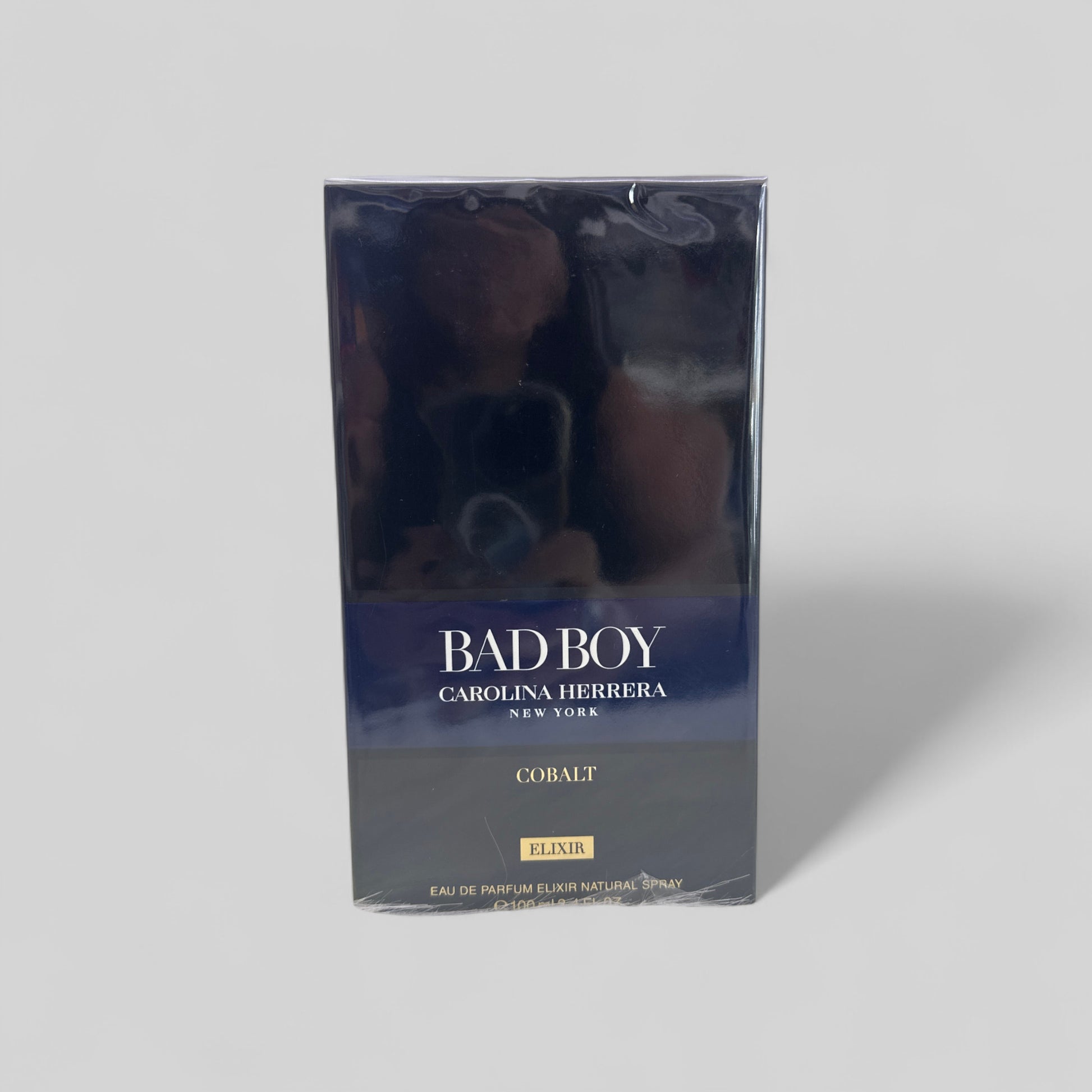 Carolina Herrera Bad Boy Cobalt Elixir perfume packaging on a white background
