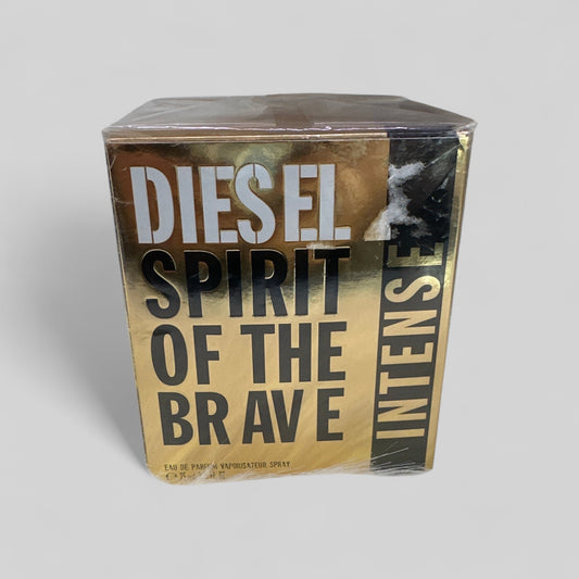 Packaged product with 'Diesel Spirit of the Brave Intense' text on a gray background