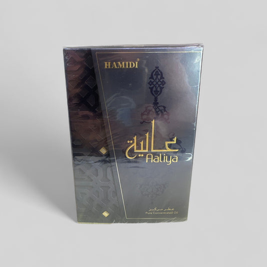 Hamidi Aaliya perfume packaging on a light gray background