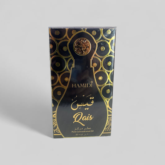 Hamidi Qais perfume packaging on a gray background
