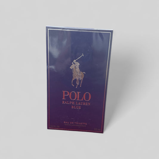 Polo Ralph Lauren Blue Eau de Toilette packaging on a light gray background