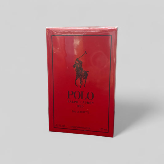 Red Polo Ralph Lauren perfume box on a gray background