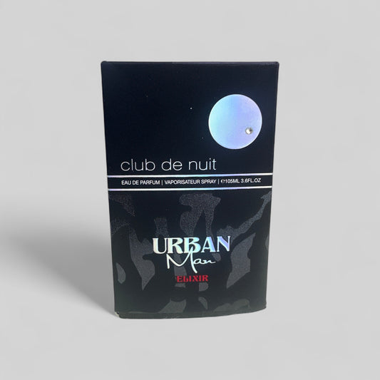 Perfume packaging for 'Urban Man Elixir' with 'club de nuit' text on a gray background