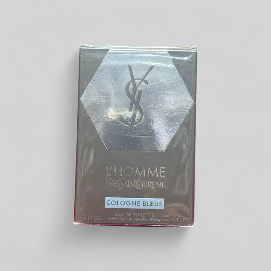 YSL L'Homme Cologne Bleue perfume packaging on a light gray background