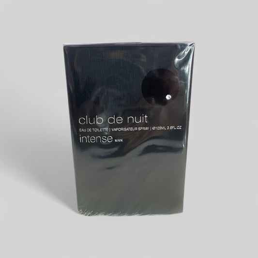 Packaged perfume bottle of 'club de nuit intense' on a light gray background